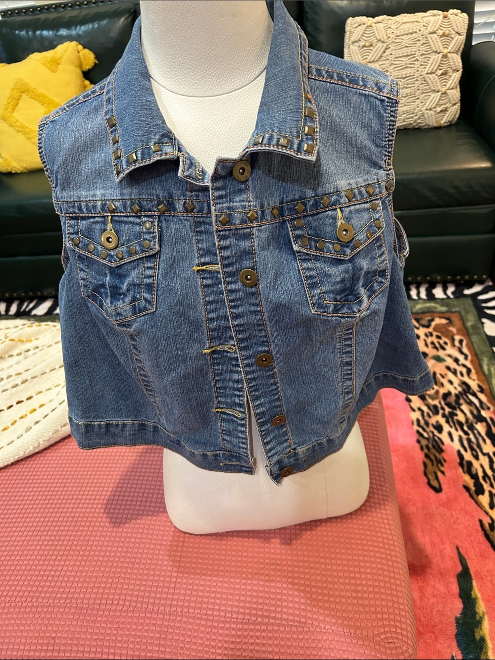 Cato Denim Studded Button-Front Vest - Blue